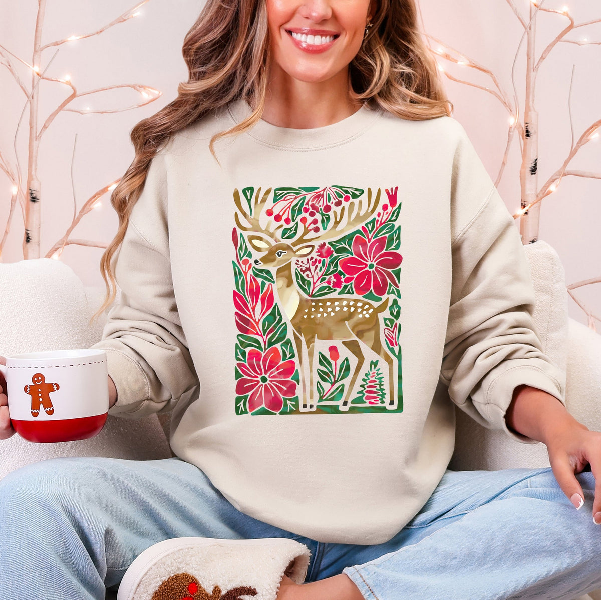 Christmas Deer With Colorful Flowers And Santa Claus In A Snowy Vintage Holiday Scene Sweatshirt