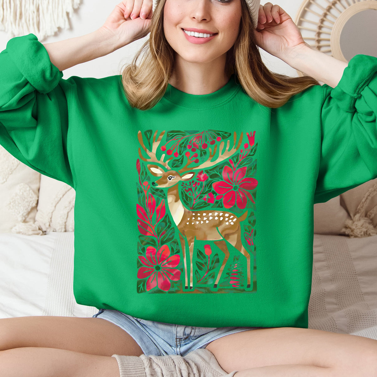 Christmas Deer With Colorful Flowers And Santa Claus In A Snowy Vintage Holiday Scene Sweatshirt