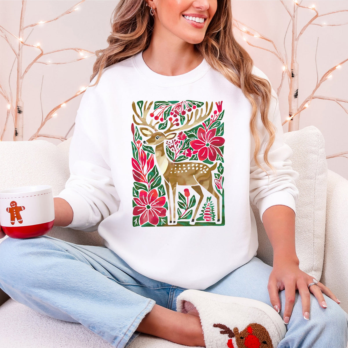 Christmas Deer With Colorful Flowers And Santa Claus In A Snowy Vintage Holiday Scene Sweatshirt