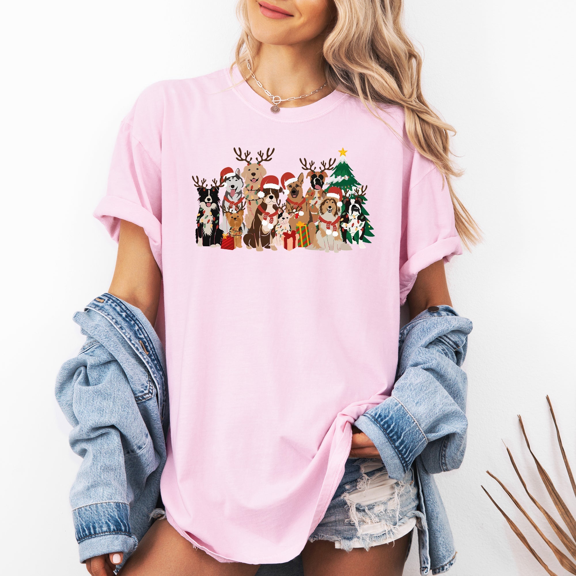 Christmas Dogs Antlers Reindeer Santa Dog Lover Holiday Edition Comfort Colors Tee