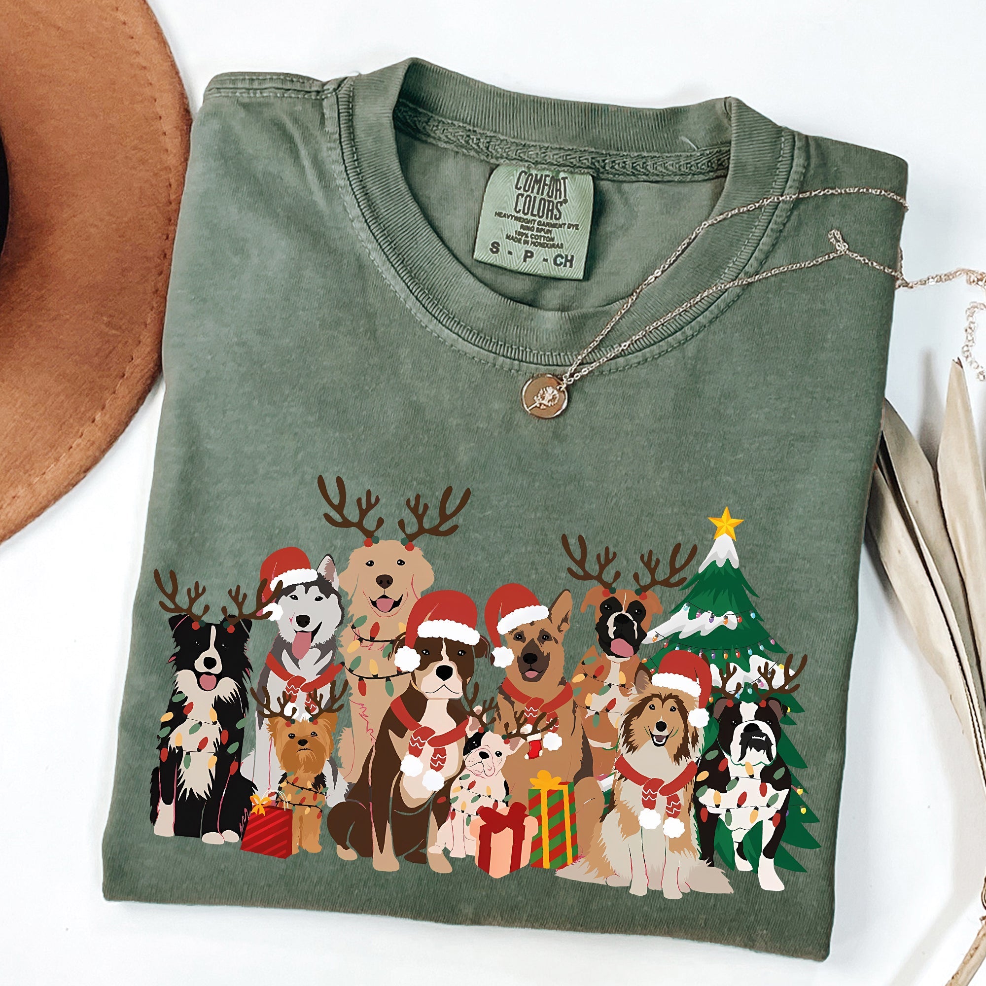 Christmas Dogs Antlers Reindeer Santa Dog Lover Holiday Edition Comfort Colors Tee