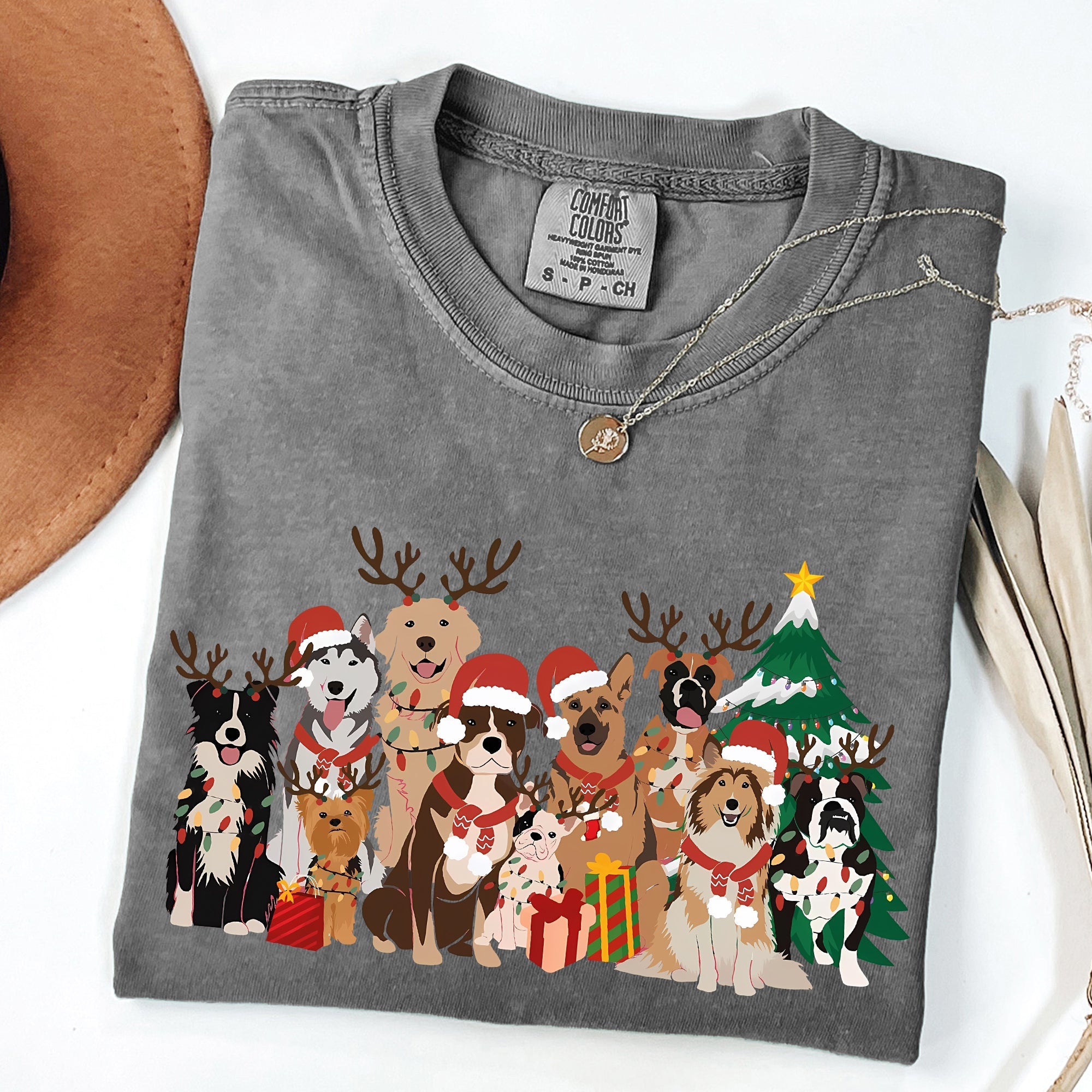 Christmas Dogs Antlers Reindeer Santa Dog Lover Holiday Edition Comfort Colors Tee