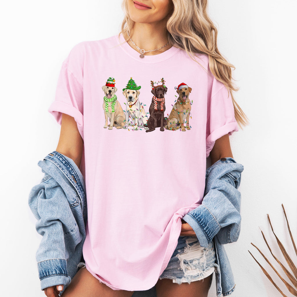 Christmas Dogs Santa Retriever Labrador Holiday Pups In Santa Hats Comfort Colors Tee