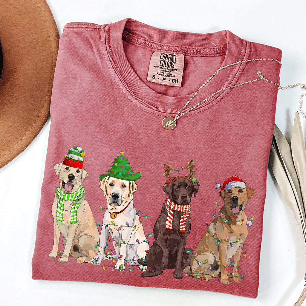 Christmas Dogs Santa Retriever Labrador Holiday Pups In Santa Hats Comfort Colors Tee