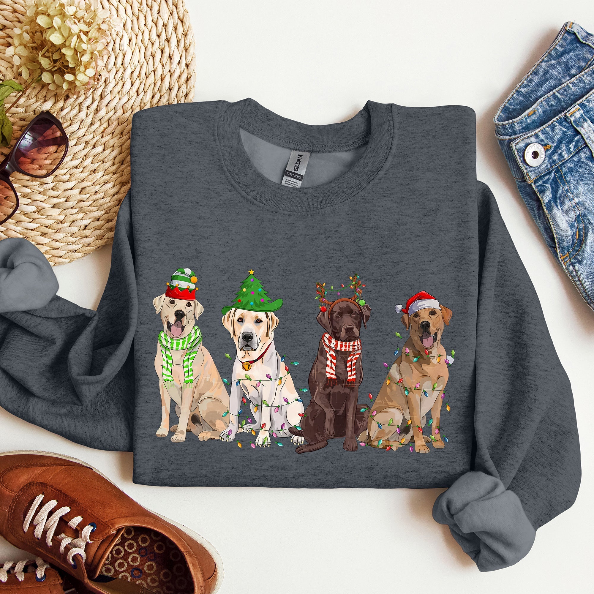 Christmas Dogs Retriever Labrador Santa Claus Holiday Scene Illustration Sweatshirt