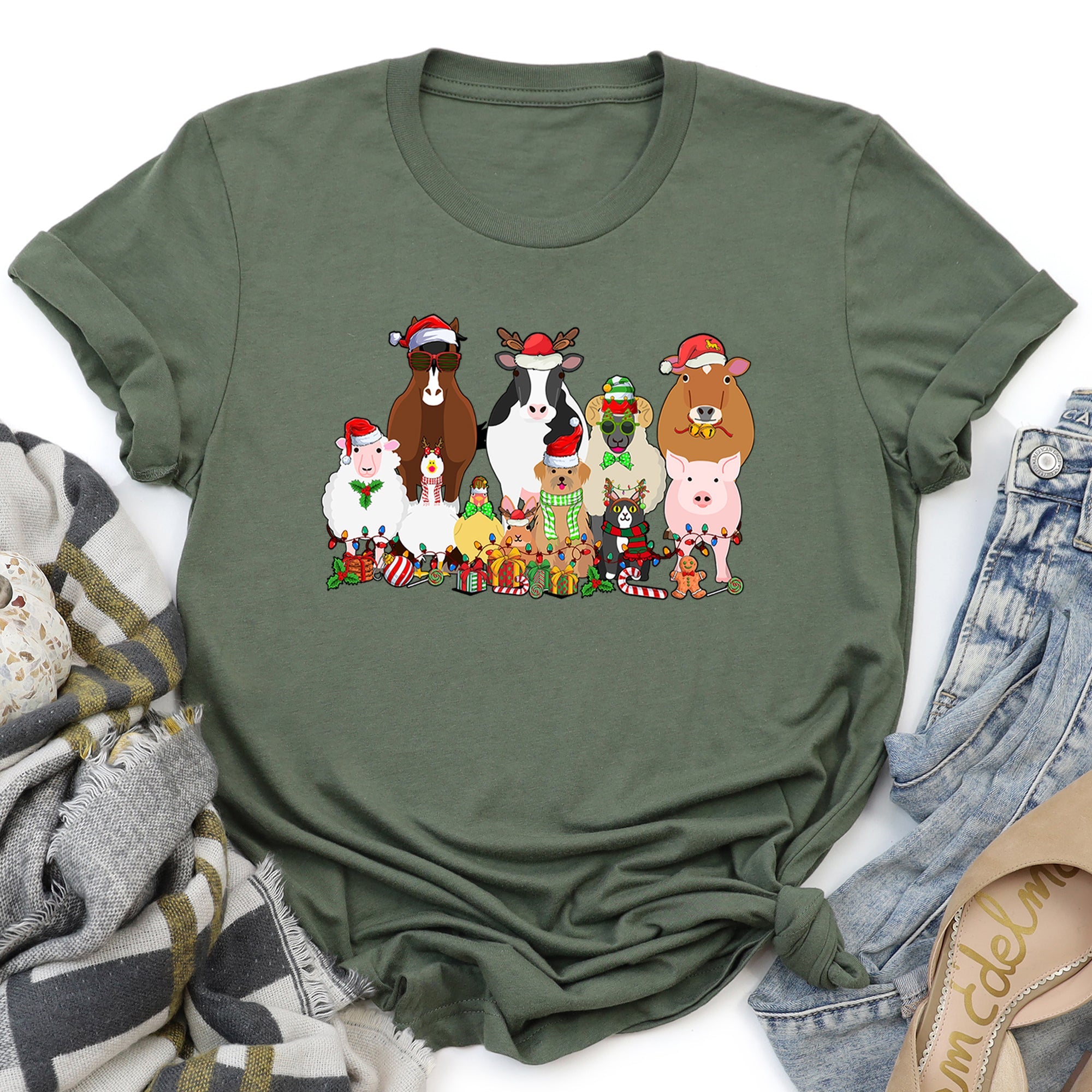 Christmas Farm Animals Farm Life Cow Sheep Horse Chicken Cat Dog Deluxe Graphic Tee