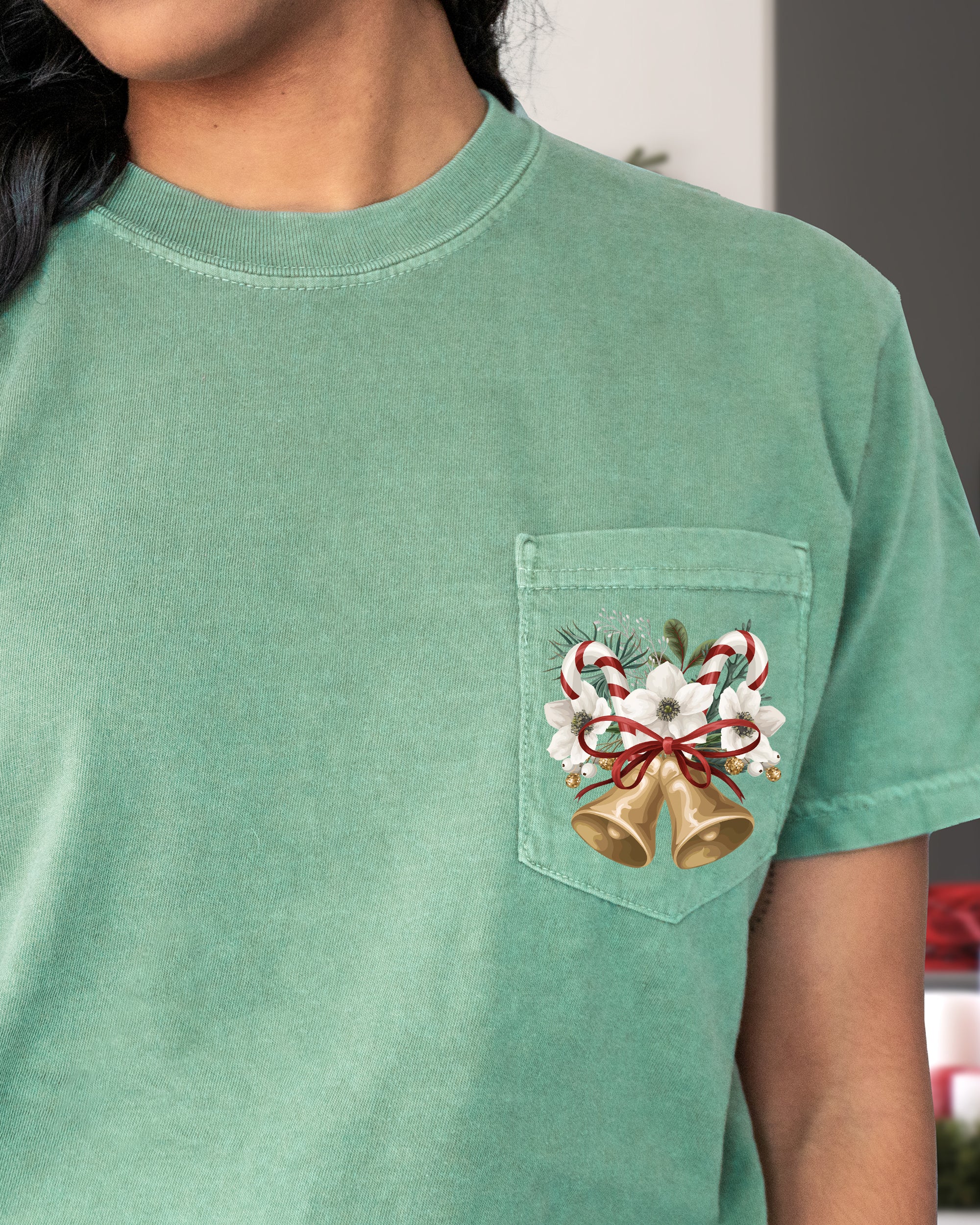 Christmas Flowers Pocket Bells Floral Winter Snow Botanical Xmas Comfort Colors Tee