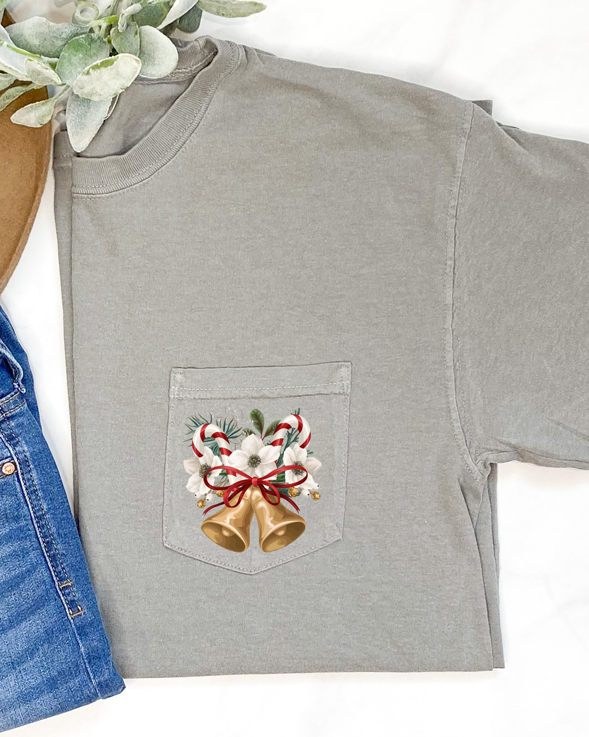 Christmas Flowers Pocket Bells Floral Winter Snow Botanical Xmas Comfort Colors Tee