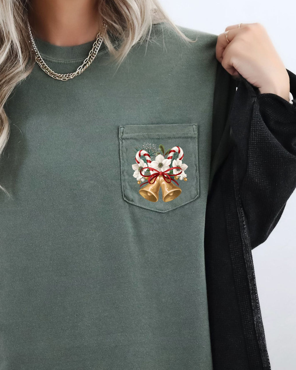 Christmas Flowers Pocket Bells Floral Winter Snow Botanical Xmas Comfort Colors Tee