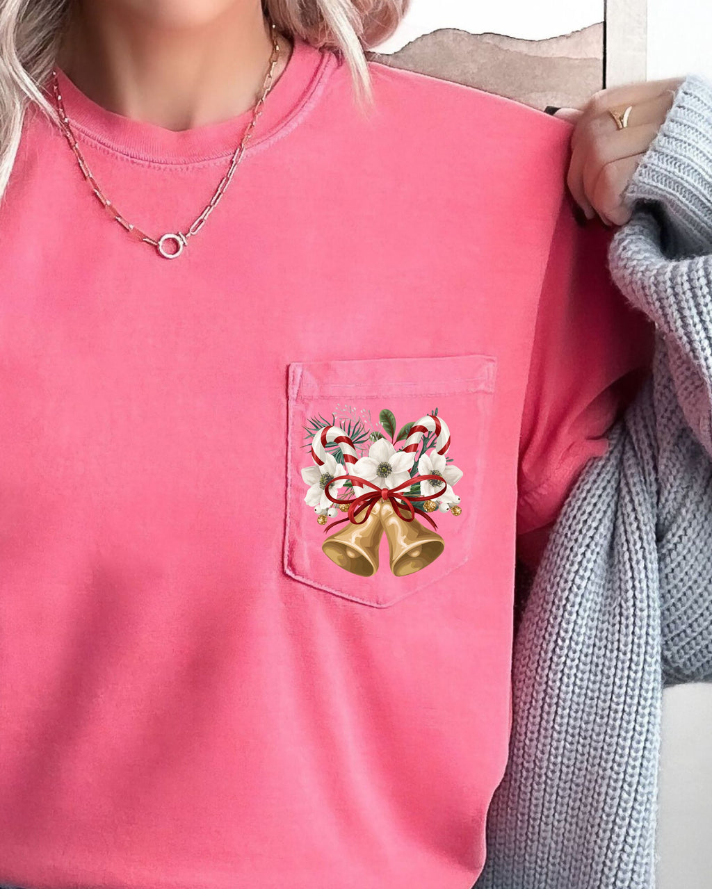 Christmas Flowers Pocket Bells Floral Winter Snow Botanical Xmas Comfort Colors Tee