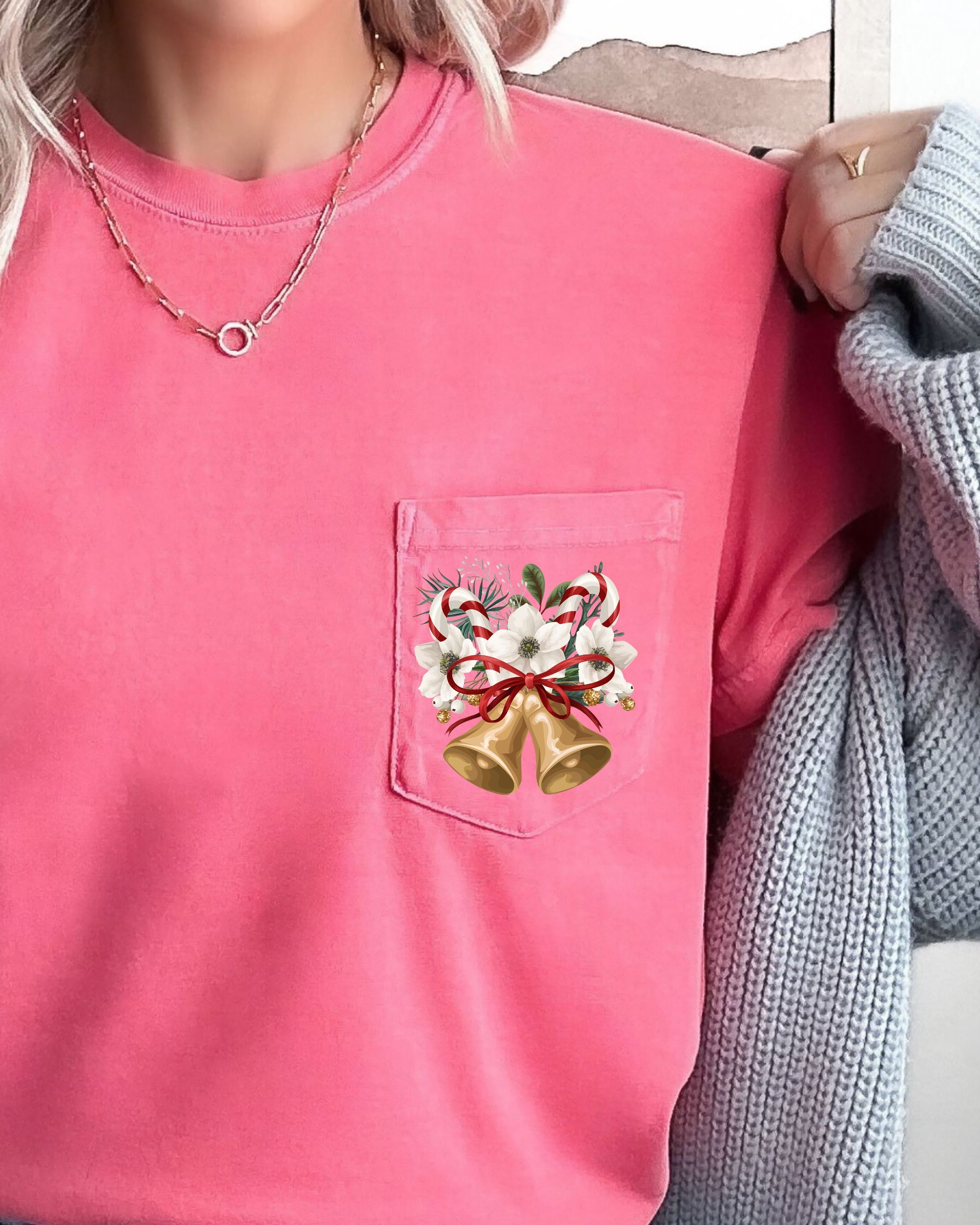 Christmas Flowers Pocket Bells Floral Winter Snow Botanical Xmas Comfort Colors Tee