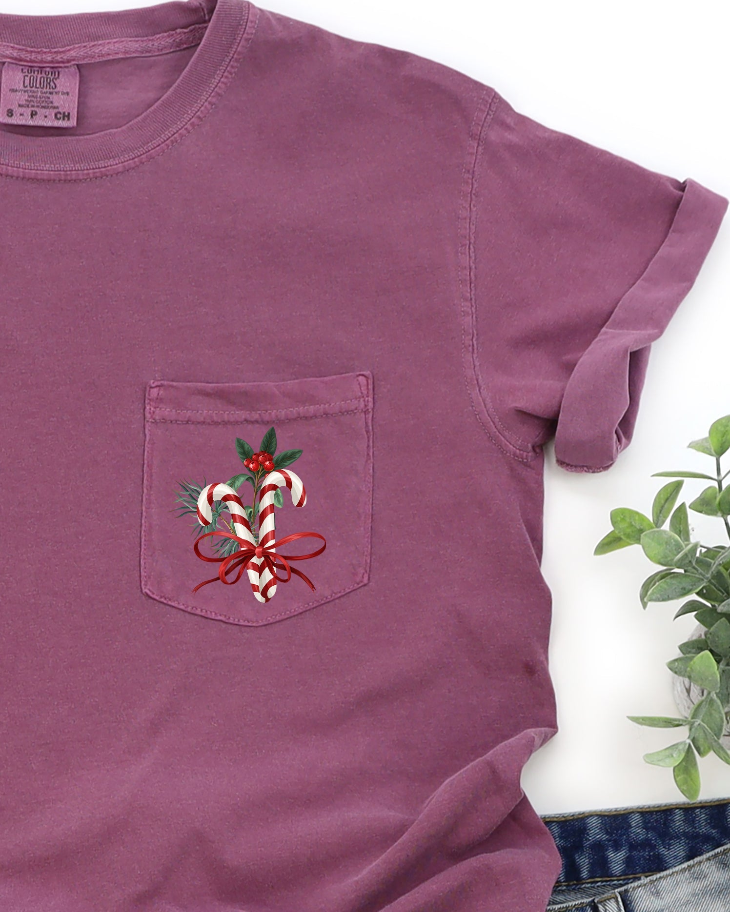 Christmas Flowers Pocket Candy Cane Ribbon Mistletoe Winter Snow Botanical Xmas Comfort Colors Tee