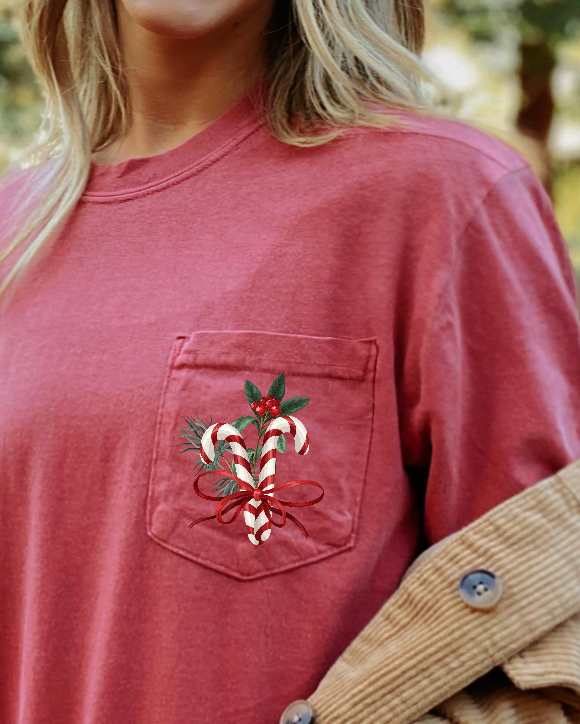 Christmas Flowers Pocket Candy Cane Ribbon Mistletoe Winter Snow Botanical Xmas Comfort Colors Tee