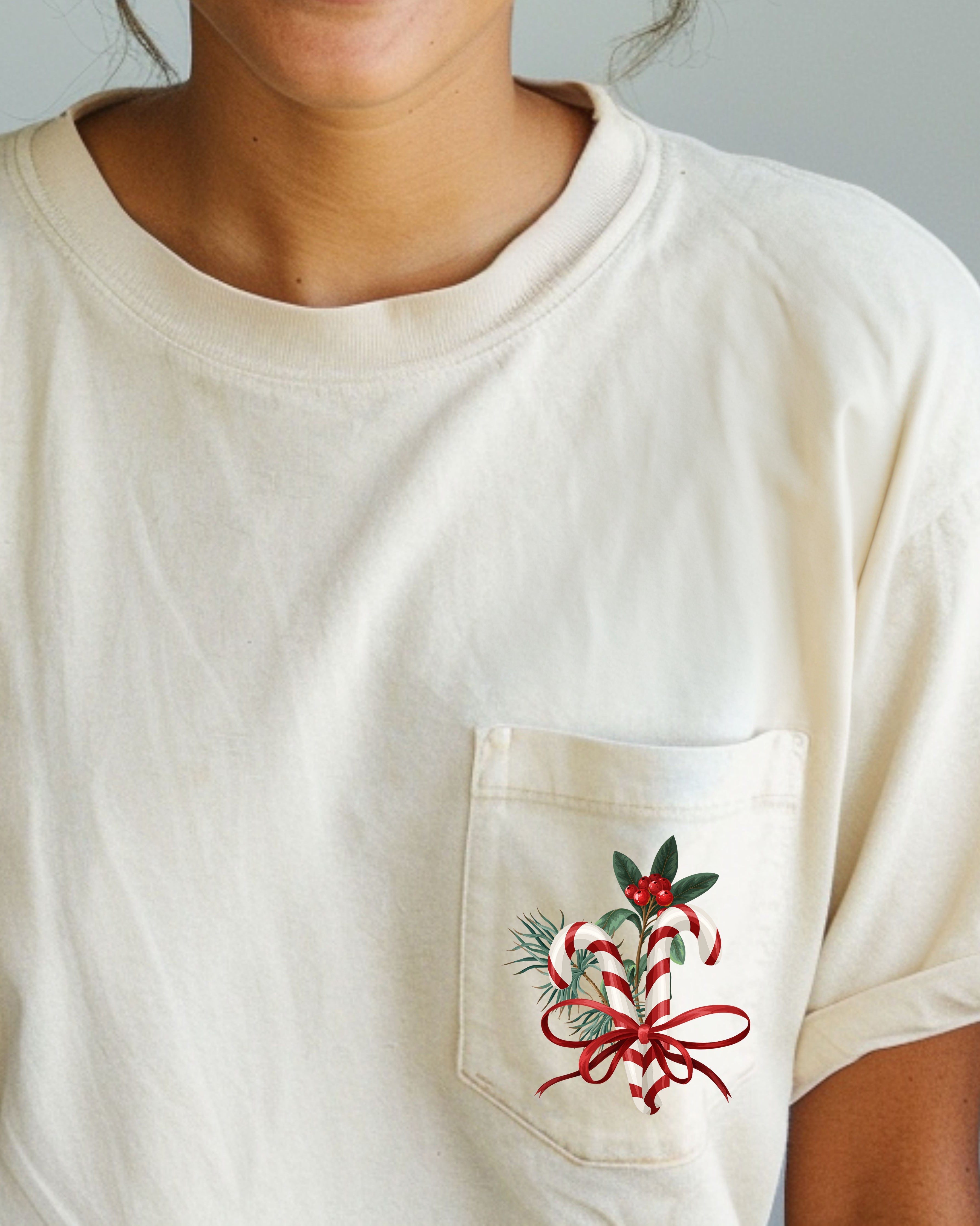 Christmas Flowers Pocket Candy Cane Ribbon Mistletoe Winter Snow Botanical Xmas Comfort Colors Tee