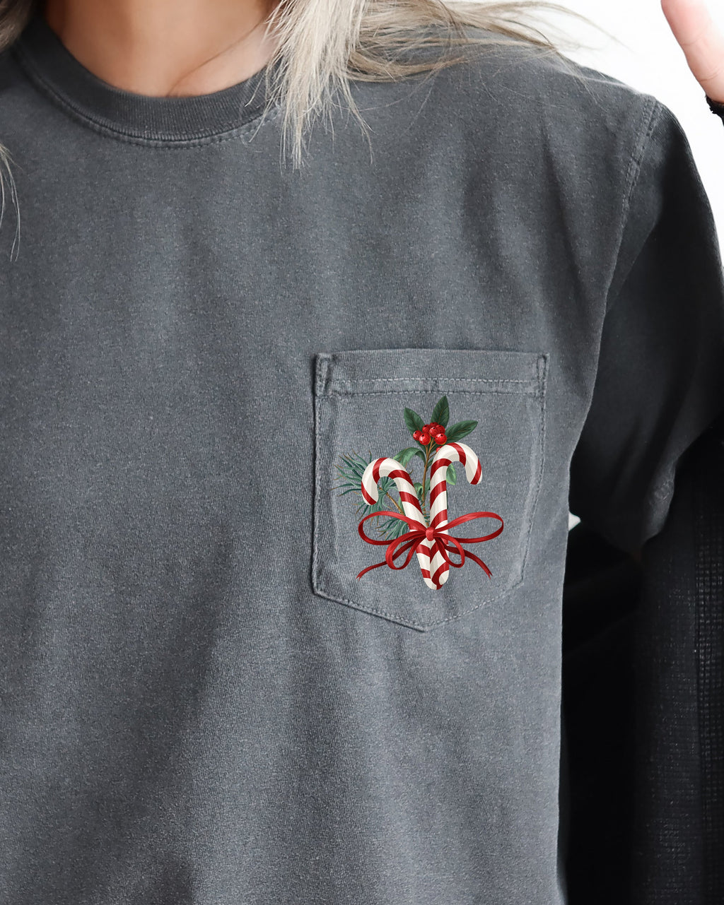 Christmas Flowers Pocket Candy Cane Ribbon Mistletoe Winter Snow Botanical Xmas Comfort Colors Tee