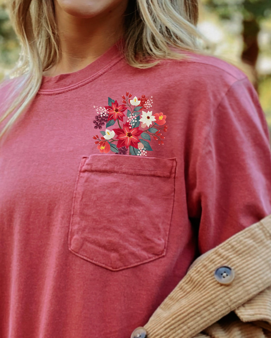 Christmas Flowers Pocket Floral Berries Poinsettia Winter Snow Botanical Xmas Comfort Colors Tee