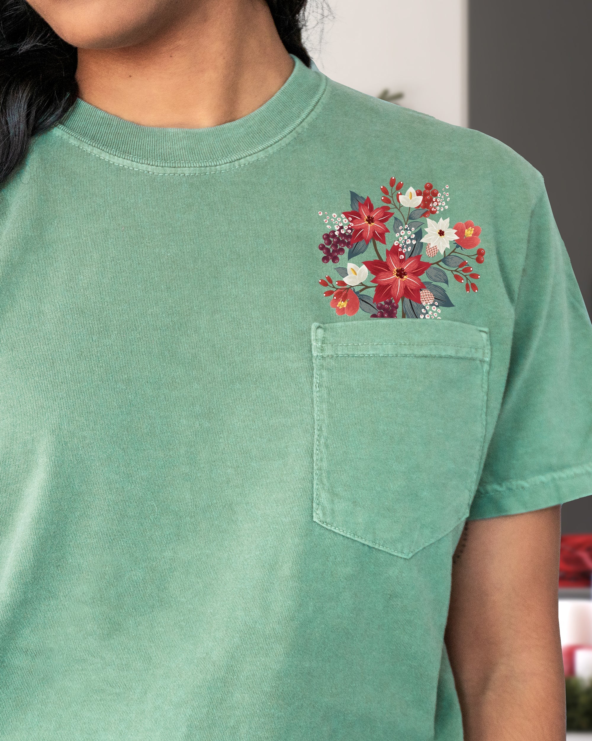 Christmas Flowers Pocket Floral Berries Poinsettia Winter Snow Botanical Xmas Comfort Colors Tee
