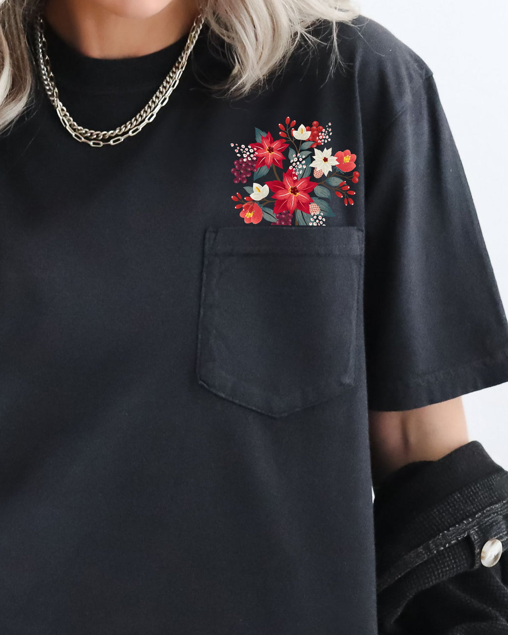 Christmas Flowers Pocket Floral Berries Poinsettia Winter Snow Botanical Xmas Comfort Colors Tee