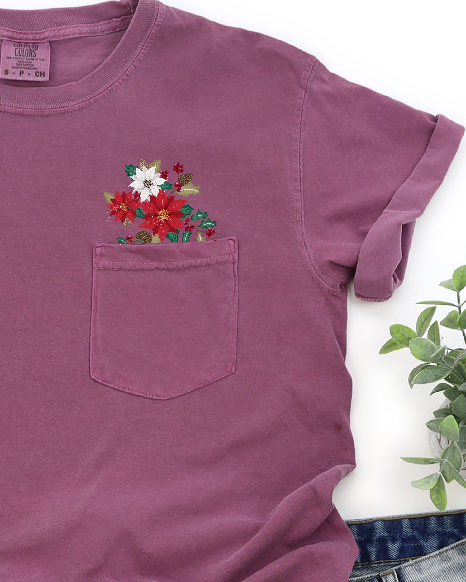 Christmas Flowers Holly Poinsettia Winter Snow Botanical Xmas Pocket Comfort Colors Tee