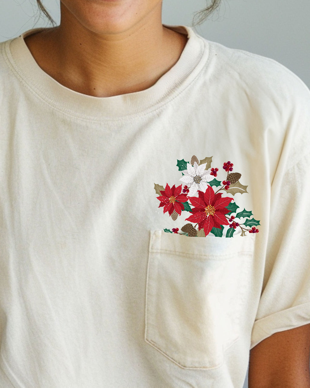 Christmas Flowers Holly Poinsettia Winter Snow Botanical Xmas Pocket Comfort Colors Tee