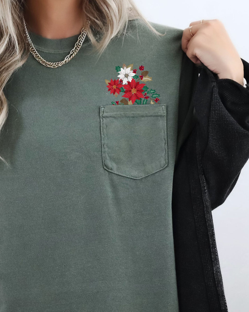 Christmas Flowers Holly Poinsettia Winter Snow Botanical Xmas Pocket Comfort Colors Tee