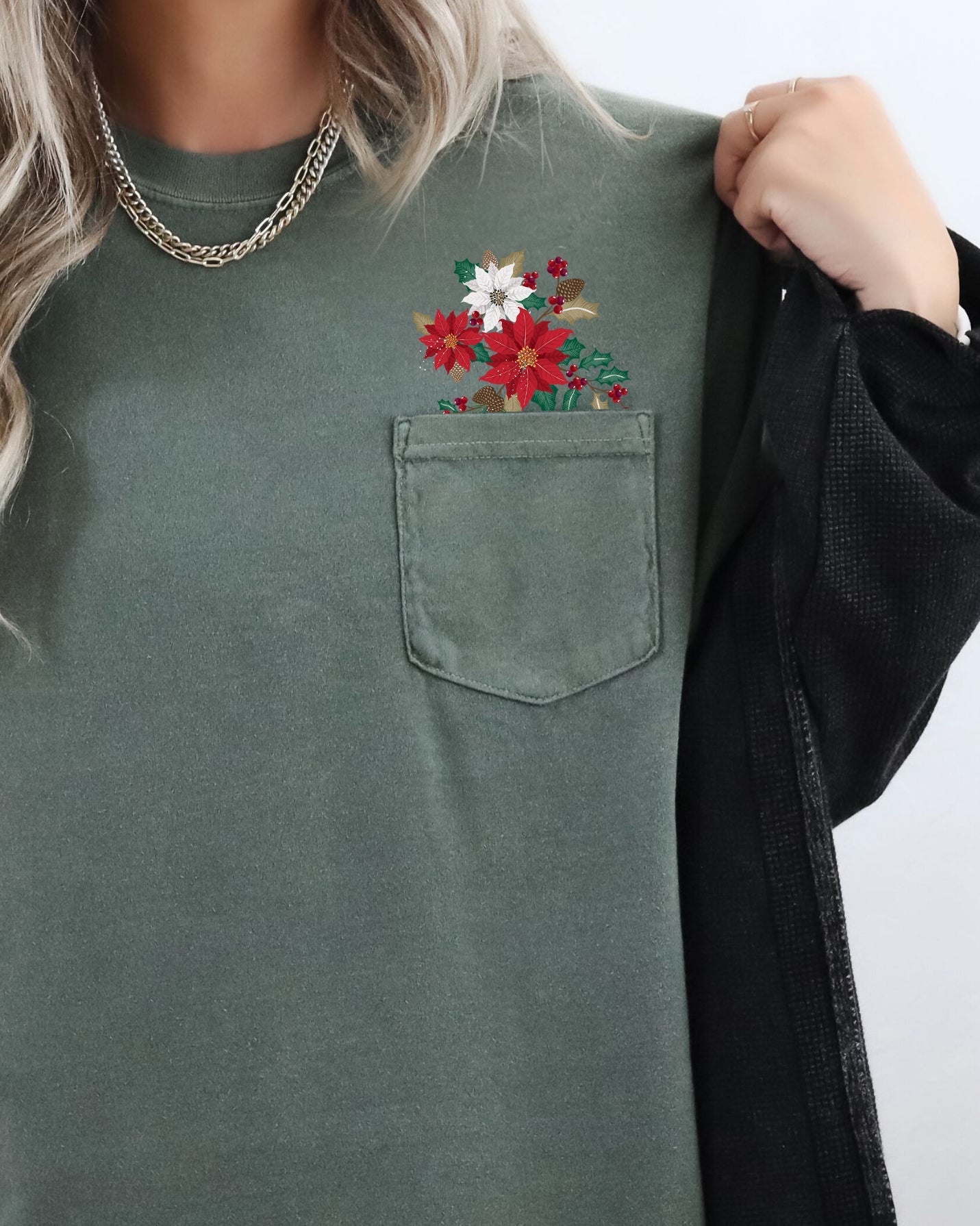 Christmas Flowers Holly Poinsettia Winter Snow Botanical Xmas Pocket Comfort Colors Tee
