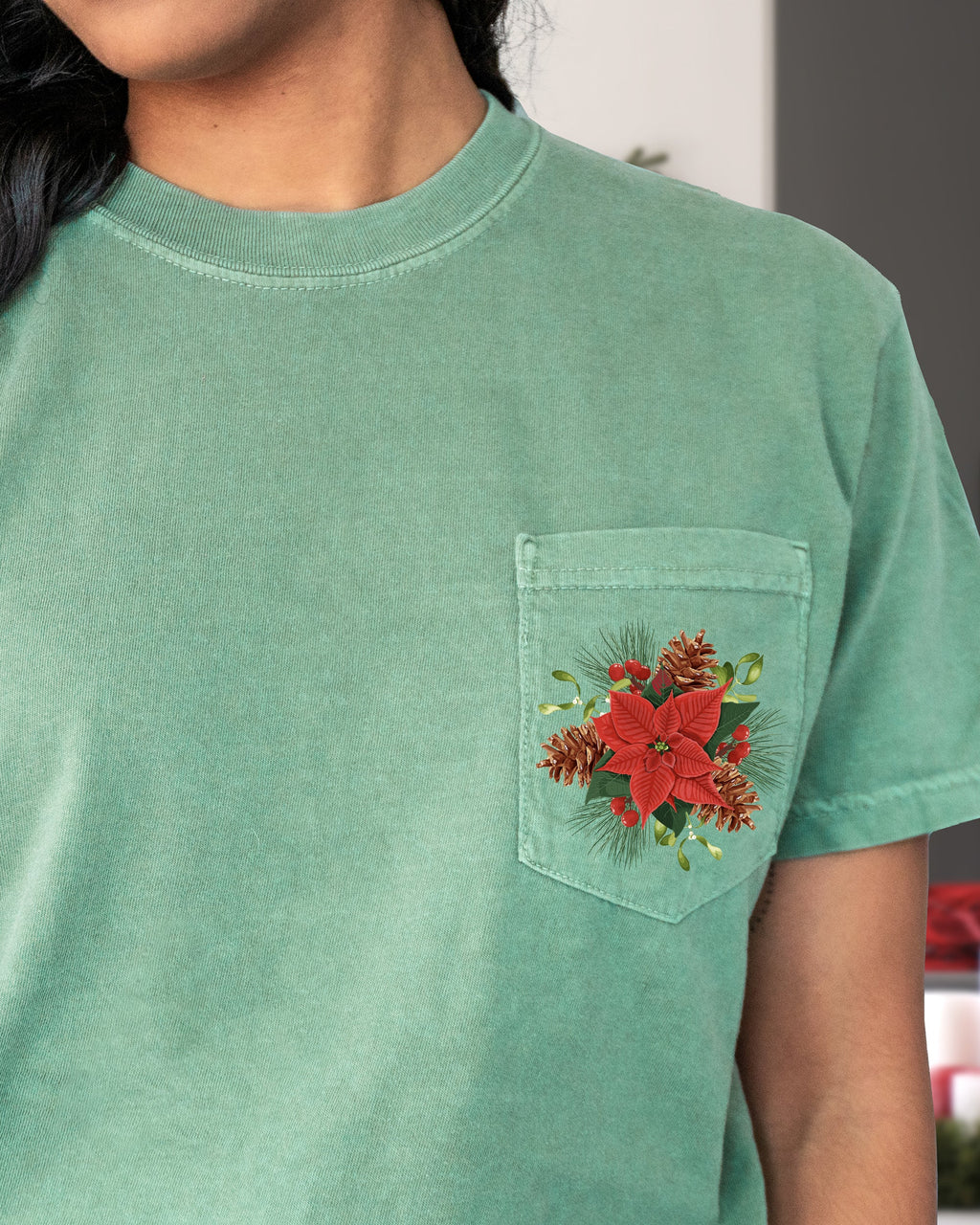 Christmas Flowers Pocket Floral Mistletoe Poinsettia Winter Snow Botanical Xmas Comfort Colors Tee