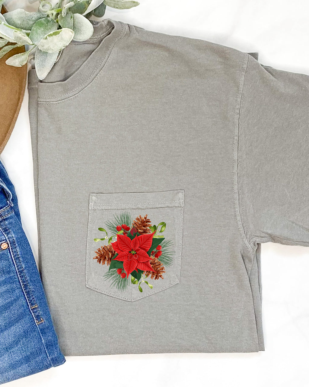 Christmas Flowers Pocket Floral Mistletoe Poinsettia Winter Snow Botanical Xmas Comfort Colors Tee