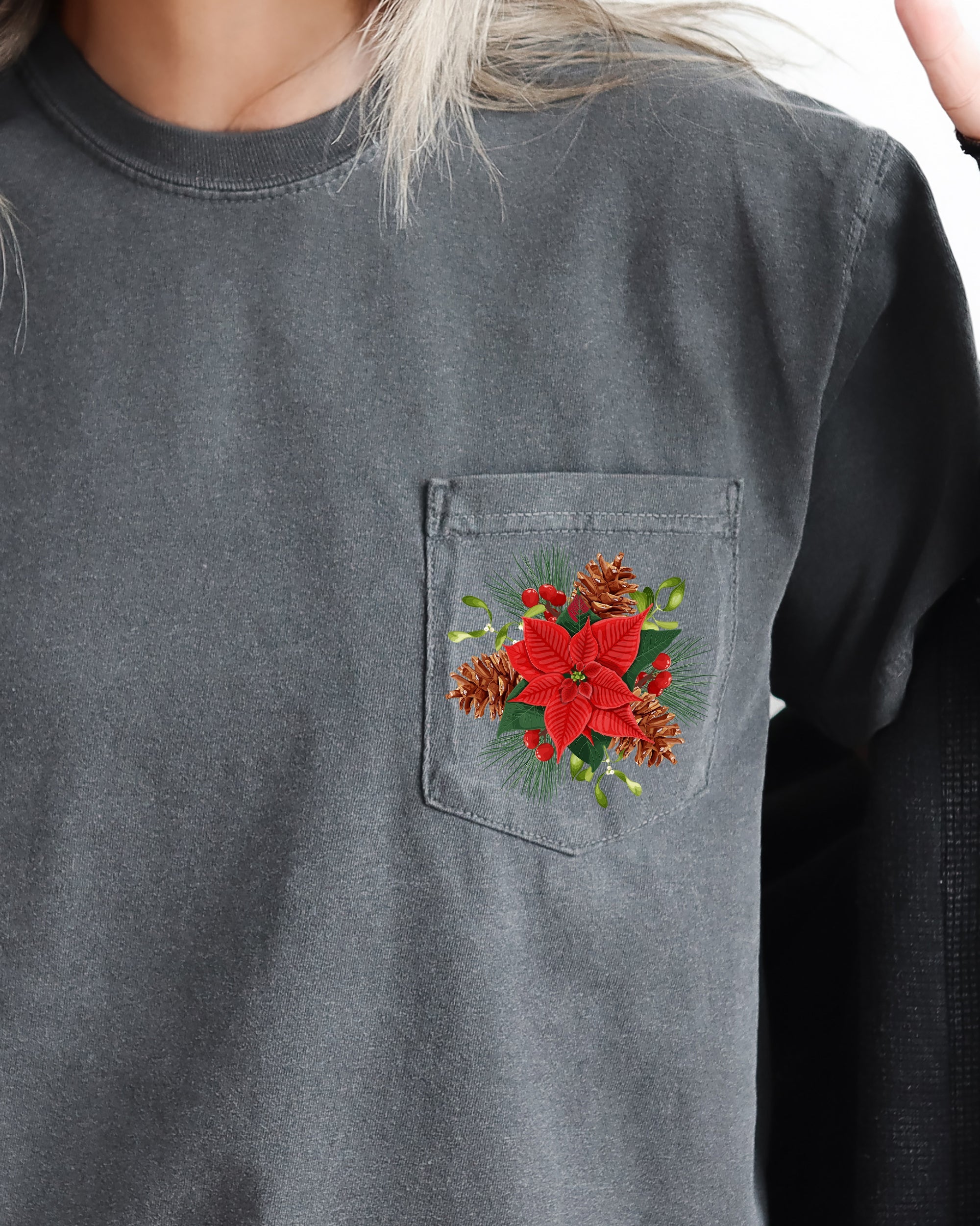 Christmas Flowers Pocket Floral Mistletoe Poinsettia Winter Snow Botanical Xmas Comfort Colors Tee