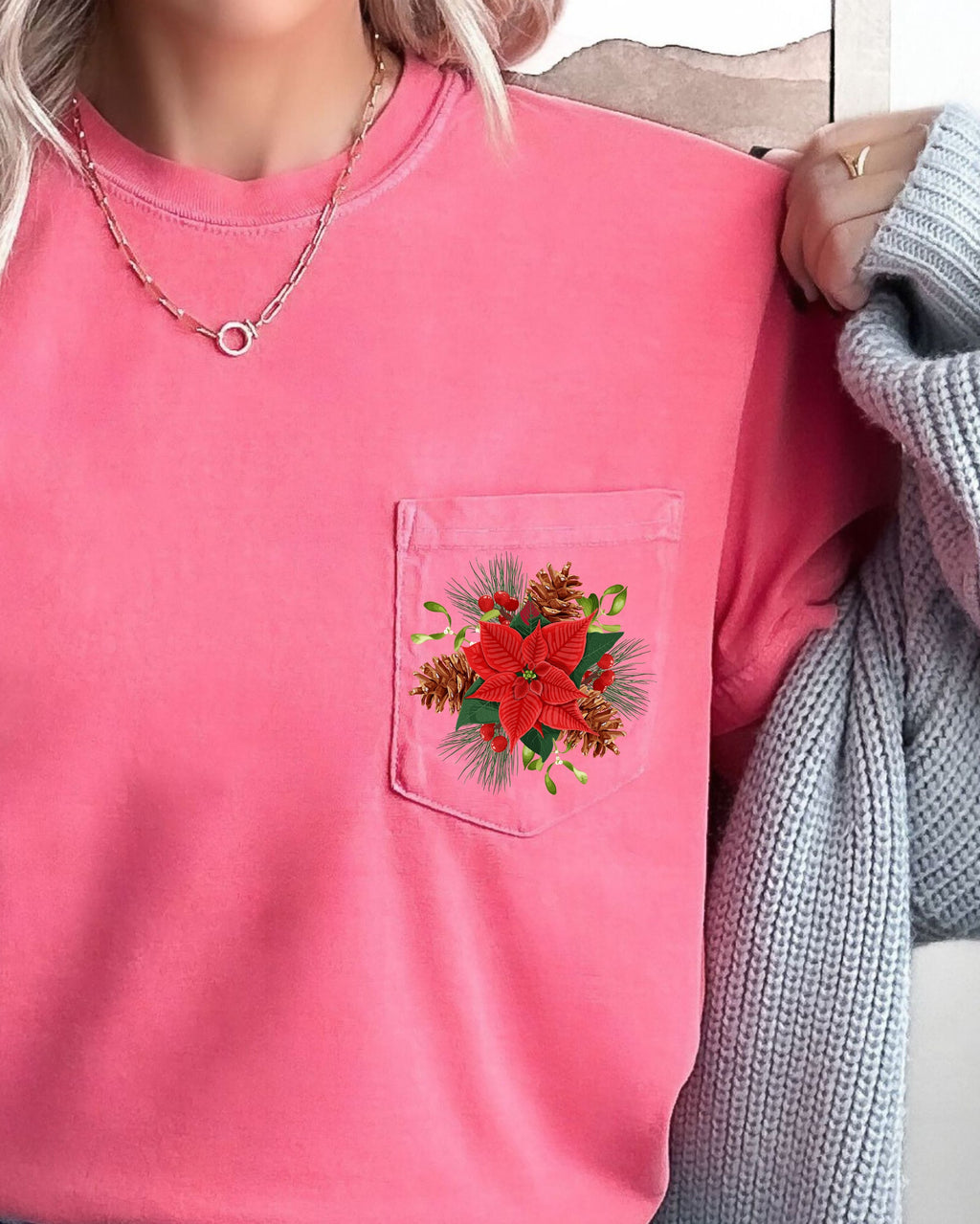 Christmas Flowers Pocket Floral Mistletoe Poinsettia Winter Snow Botanical Xmas Comfort Colors Tee