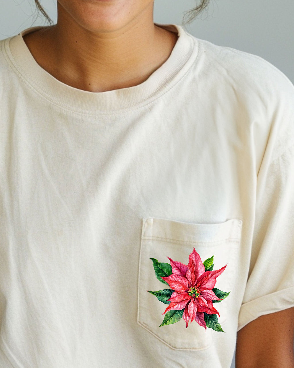 Christmas Flowers Pocket Poinsettia Winter Snow Botanical Xmas Festive Floral Art Print Graphic Tee