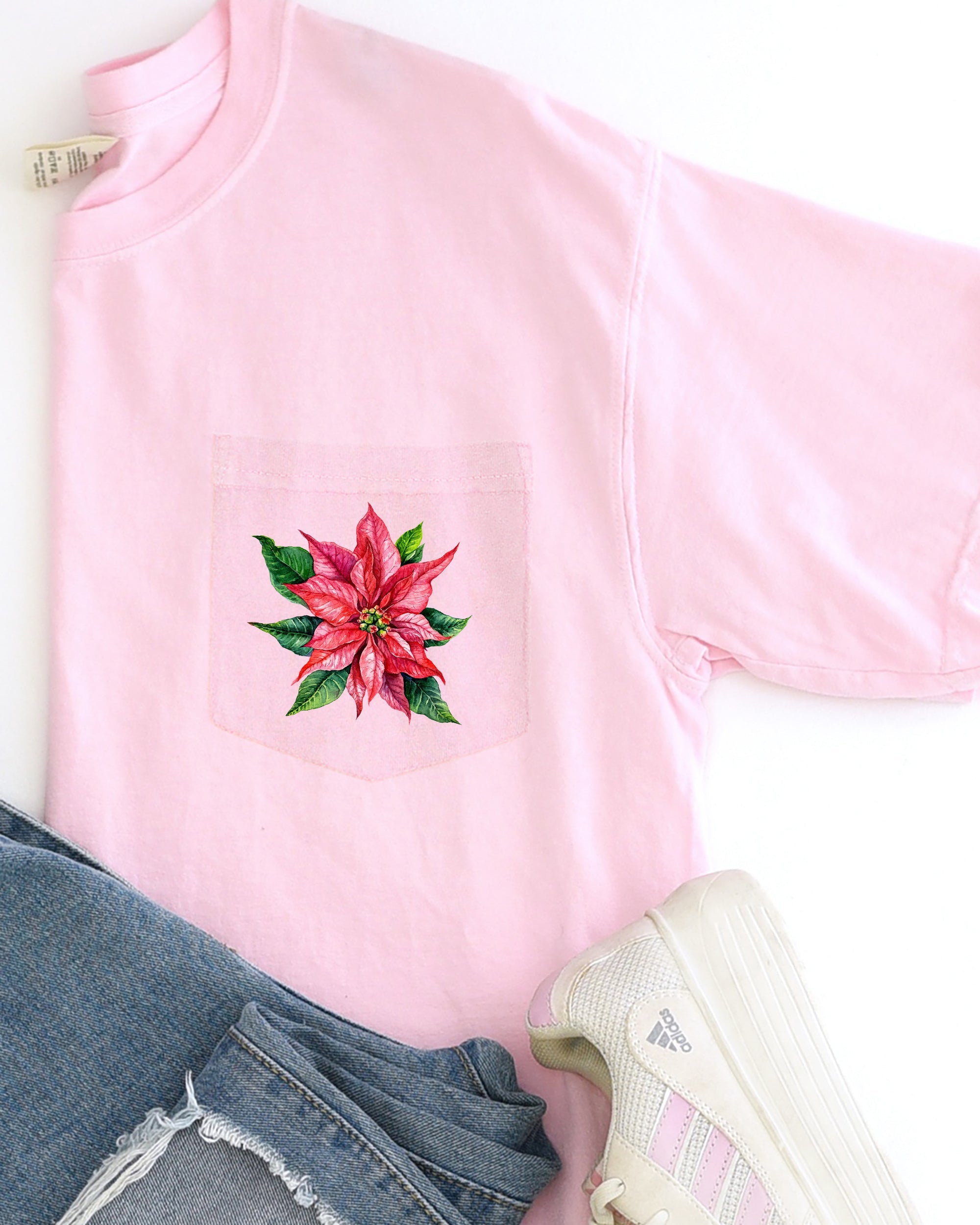 Christmas Flowers Pocket Poinsettia Winter Snow Botanical Xmas Festive Floral Art Print Graphic Tee