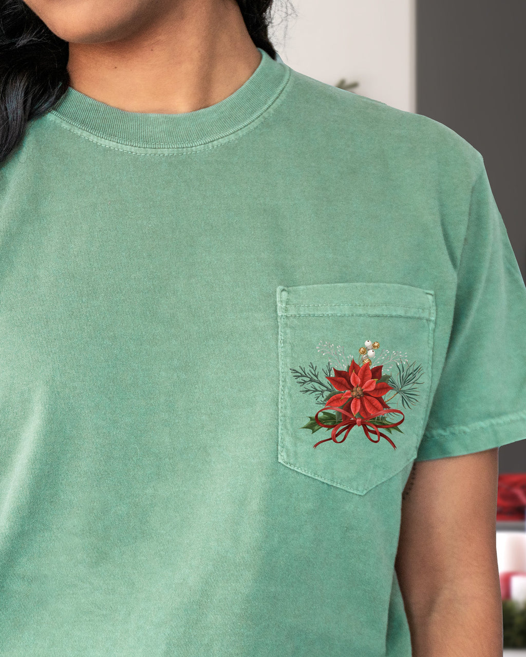 Christmas Flowers Pocket Ribbon Floral Poinsettia Winter Snow Botanical Xmas Comfort Colors Tee