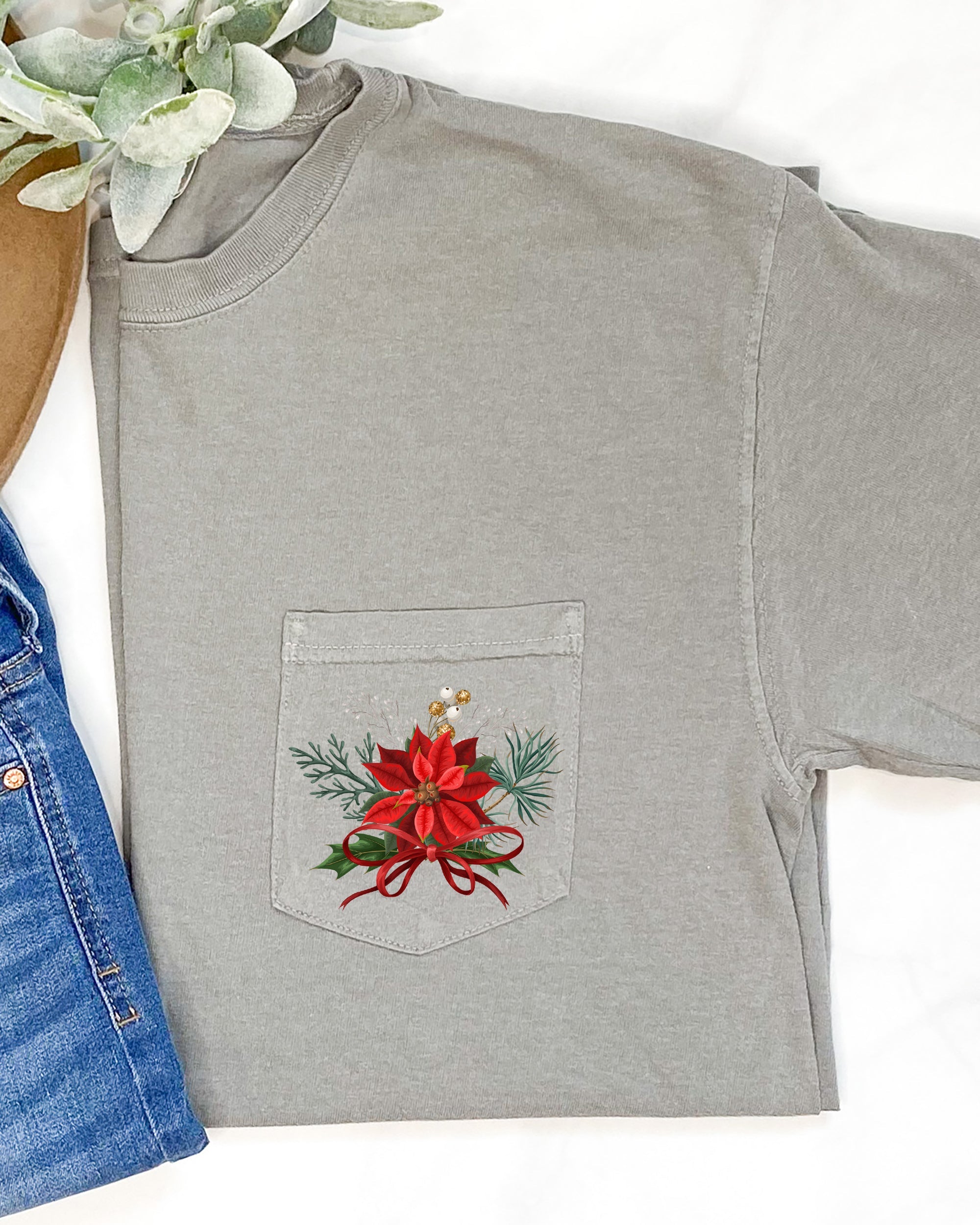 Christmas Flowers Pocket Ribbon Floral Poinsettia Winter Snow Botanical Xmas Comfort Colors Tee