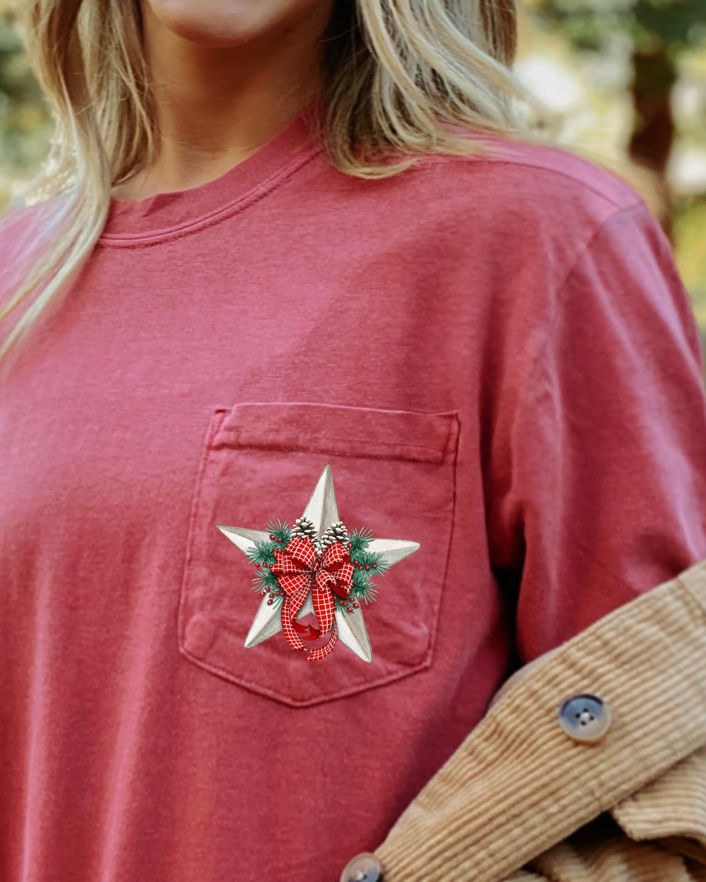 Christmas Flowers Pocket Star Pine Cones Ribbon Floral Poinsettia Winter Snow Botanical Xmas Comfort Colors Tee