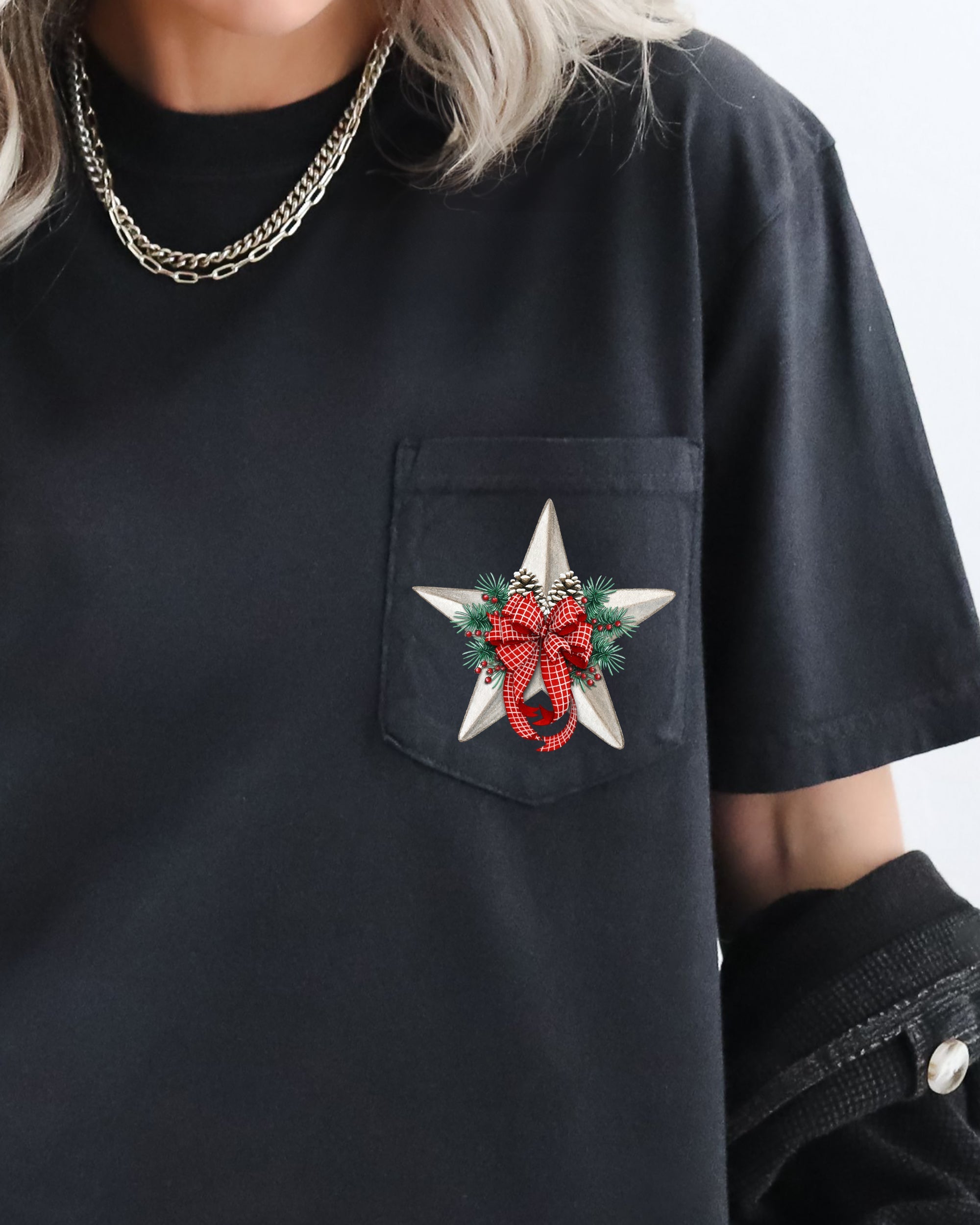 Christmas Flowers Pocket Star Pine Cones Ribbon Floral Poinsettia Winter Snow Botanical Xmas Comfort Colors Tee
