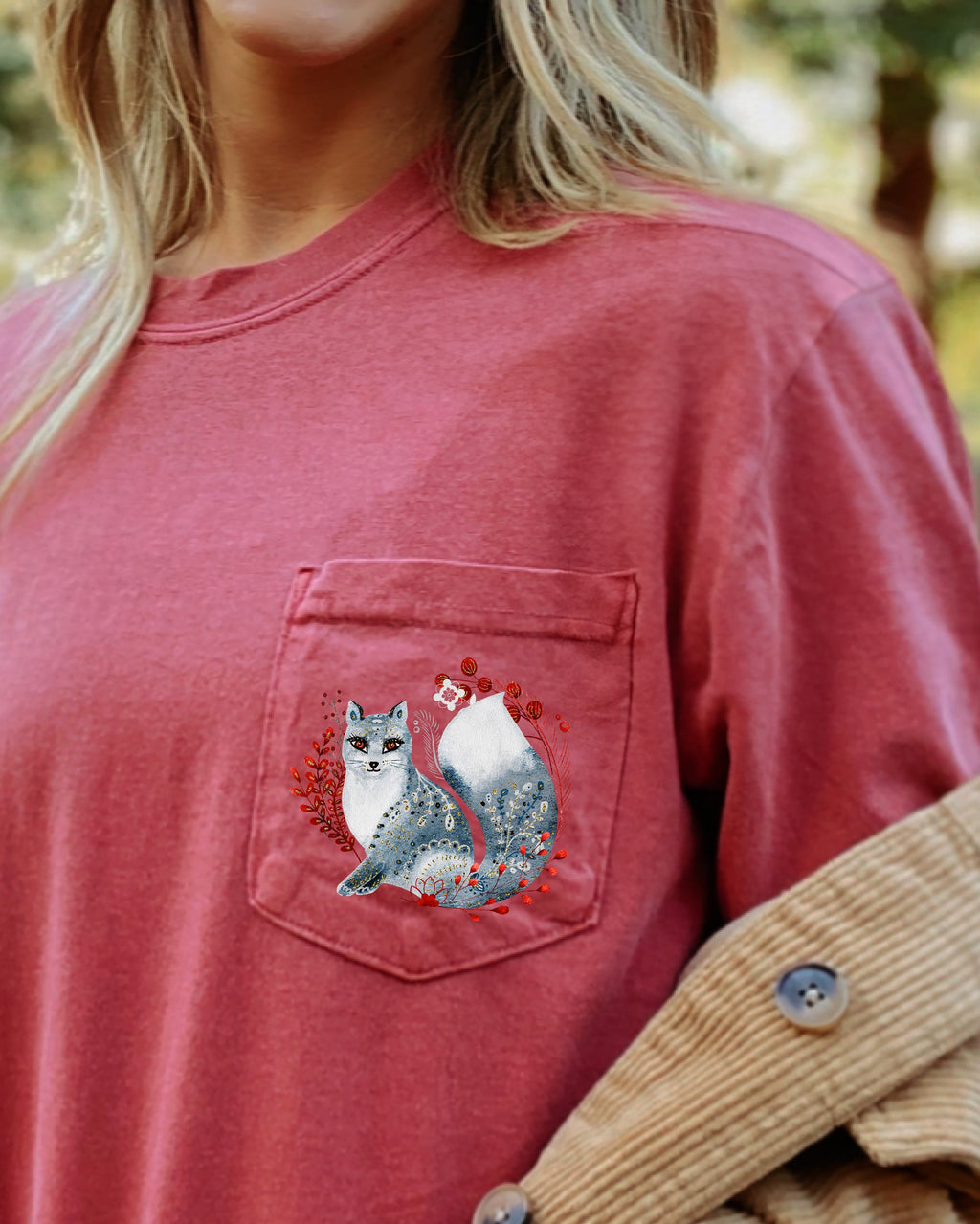 Christmas Fox Folk Art Santa Pocket Floral Winter Snow Xmas Flowers Comfort Colors Tee