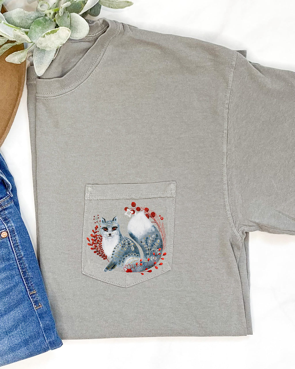Christmas Fox Folk Art Santa Pocket Floral Winter Snow Xmas Flowers Comfort Colors Tee