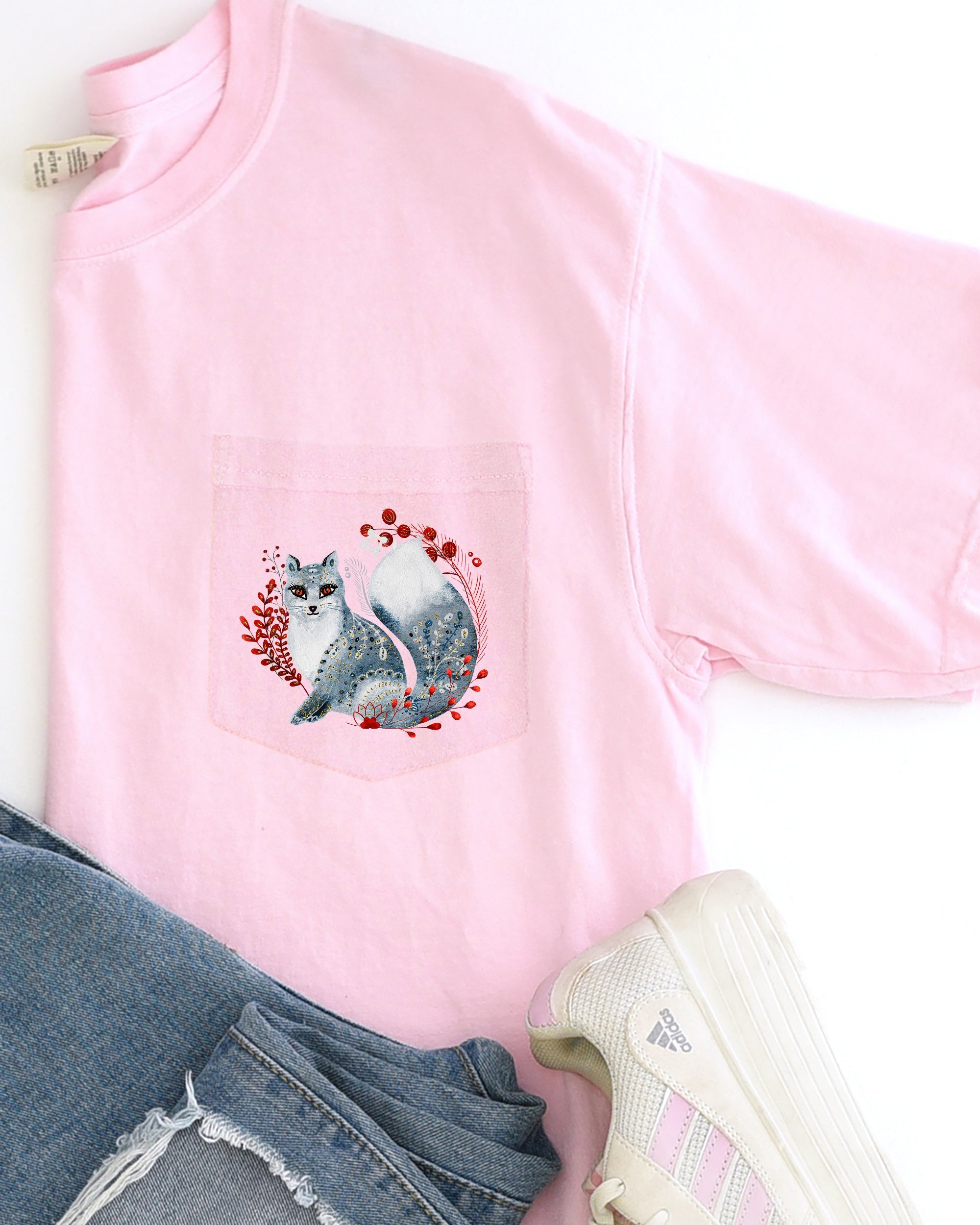 Christmas Fox Folk Art Santa Pocket Floral Winter Snow Xmas Flowers Comfort Colors Tee