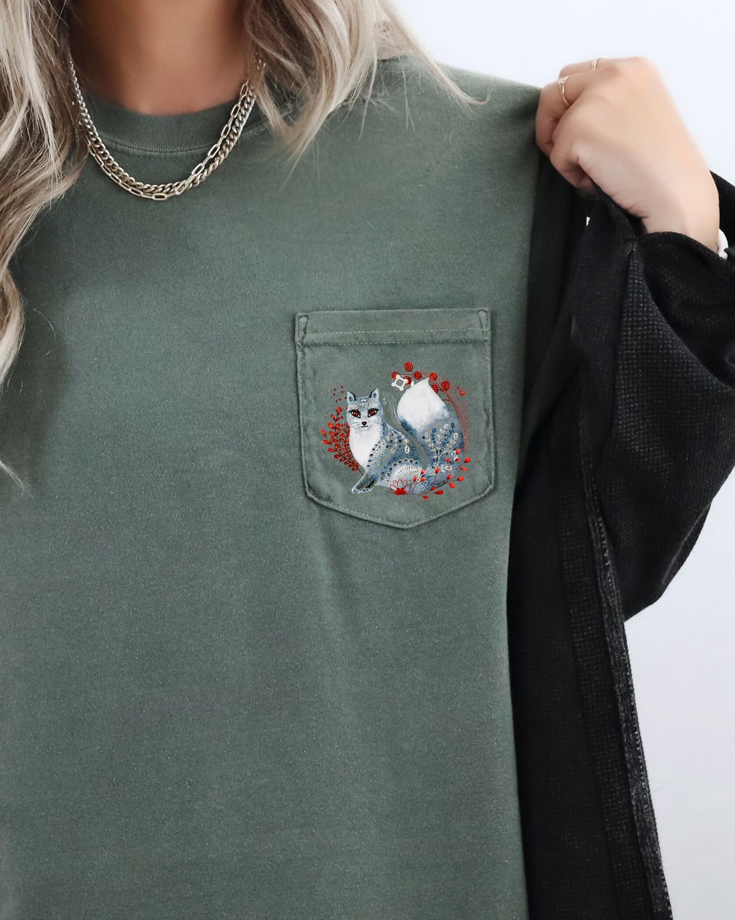 Christmas Fox Folk Art Santa Pocket Floral Winter Snow Xmas Flowers Comfort Colors Tee