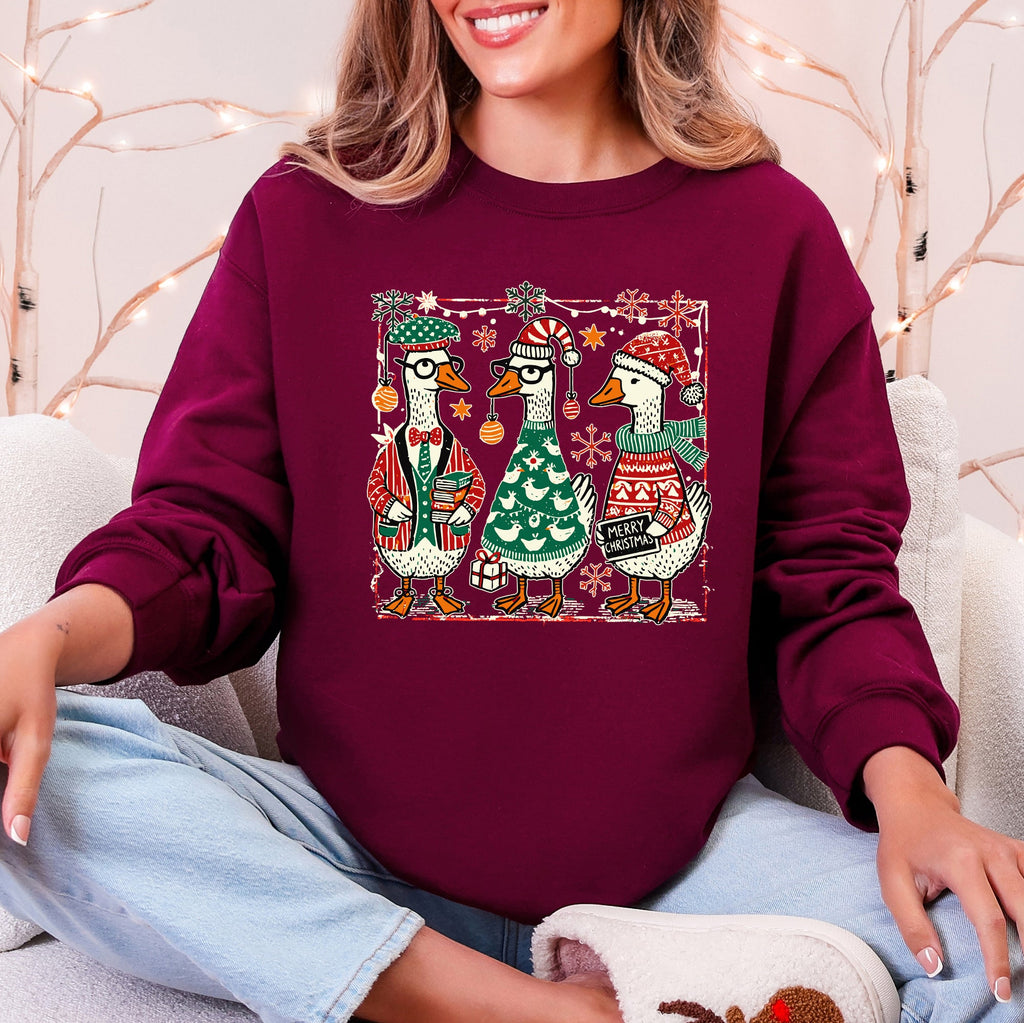 Christmas Geese Festive Holiday Illustration Vintage Retro Cozy Winter Scene Sweatshirt