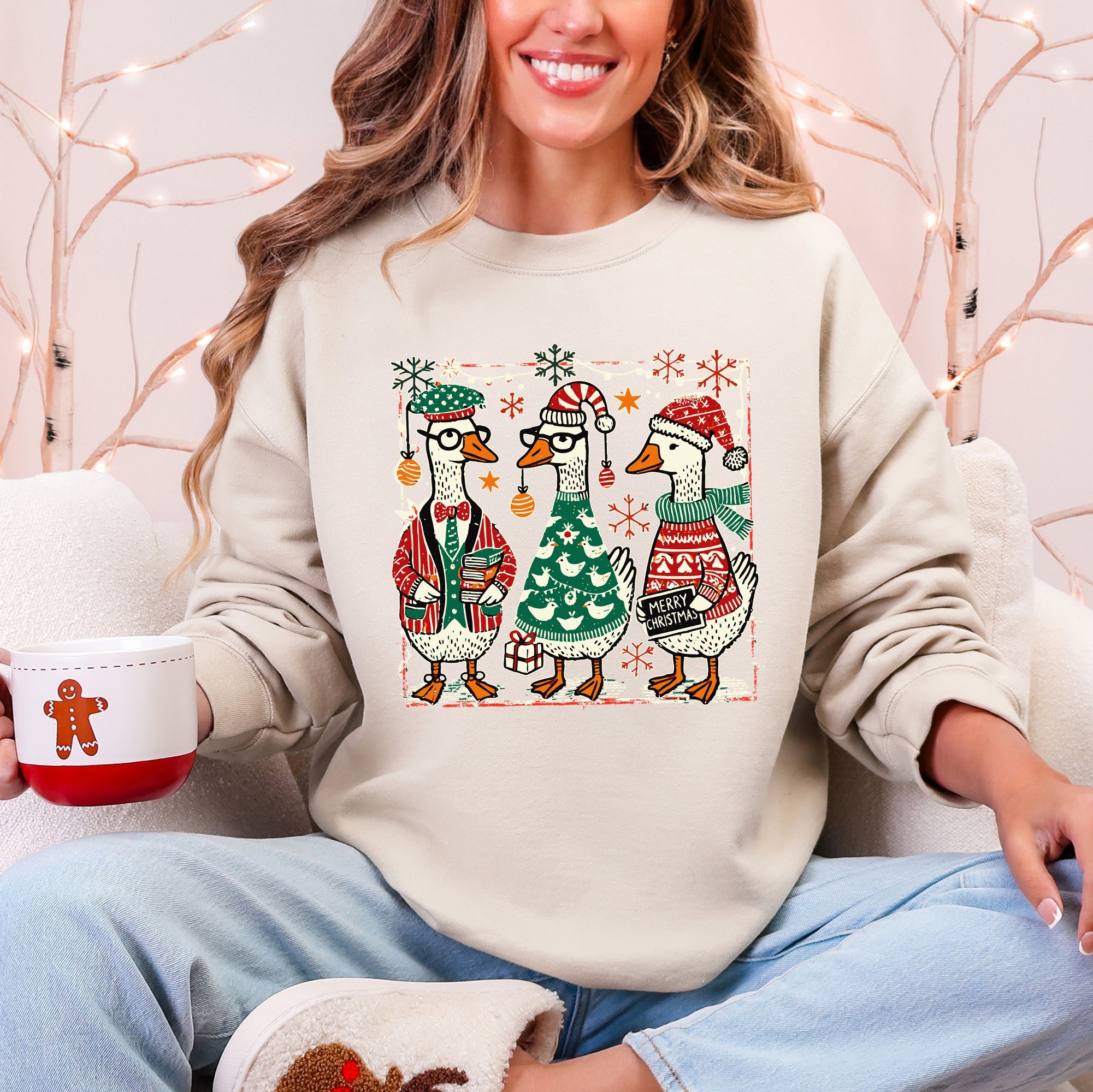 Christmas Geese Festive Holiday Illustration Vintage Retro Cozy Winter Scene Sweatshirt