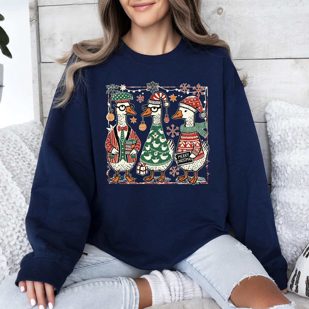 Christmas Geese Festive Holiday Illustration Vintage Retro Cozy Winter Scene Sweatshirt