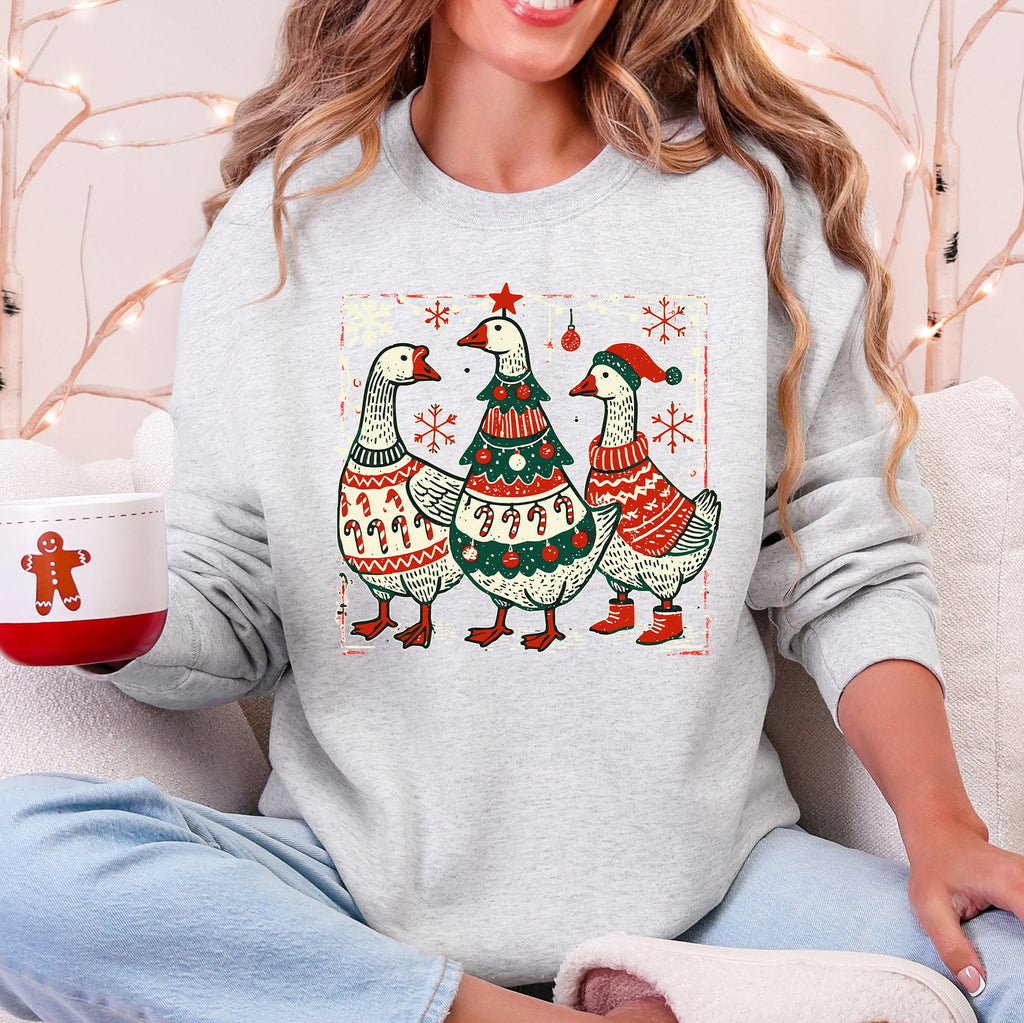 Christmas Geese Retro Festive Holiday Cheer Geese Pattern With Rustic Nordic Elements Sweatshirt