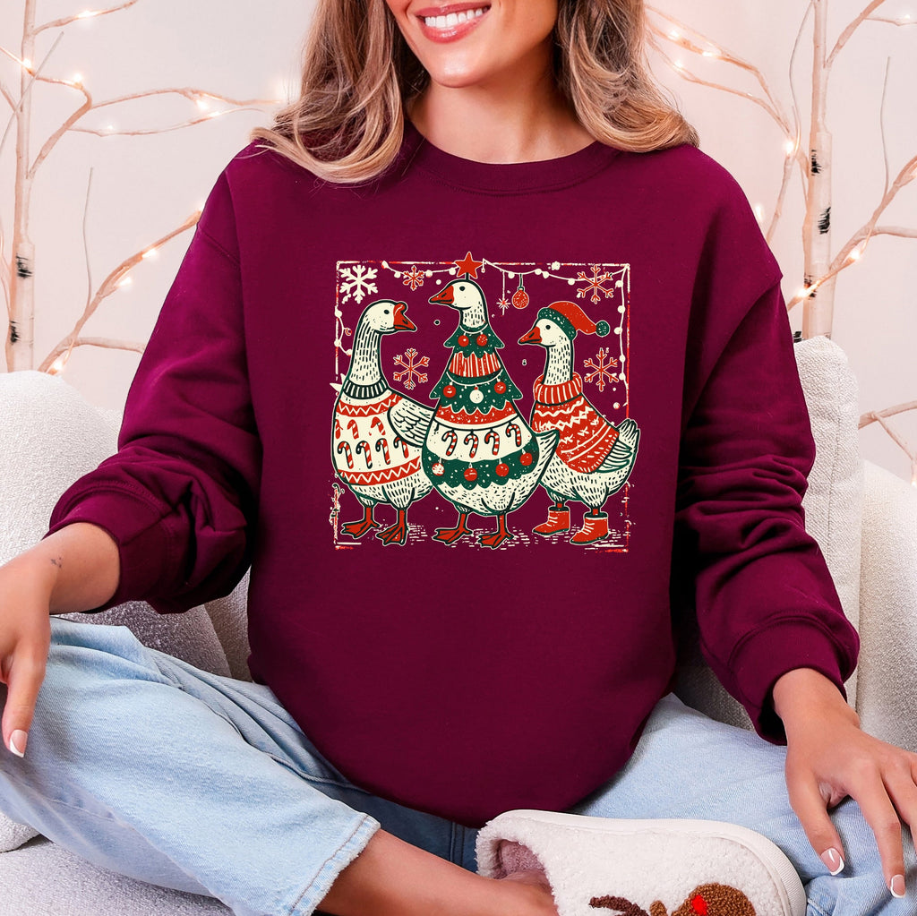 Christmas Geese Retro Festive Holiday Cheer Geese Pattern With Rustic Nordic Elements Sweatshirt