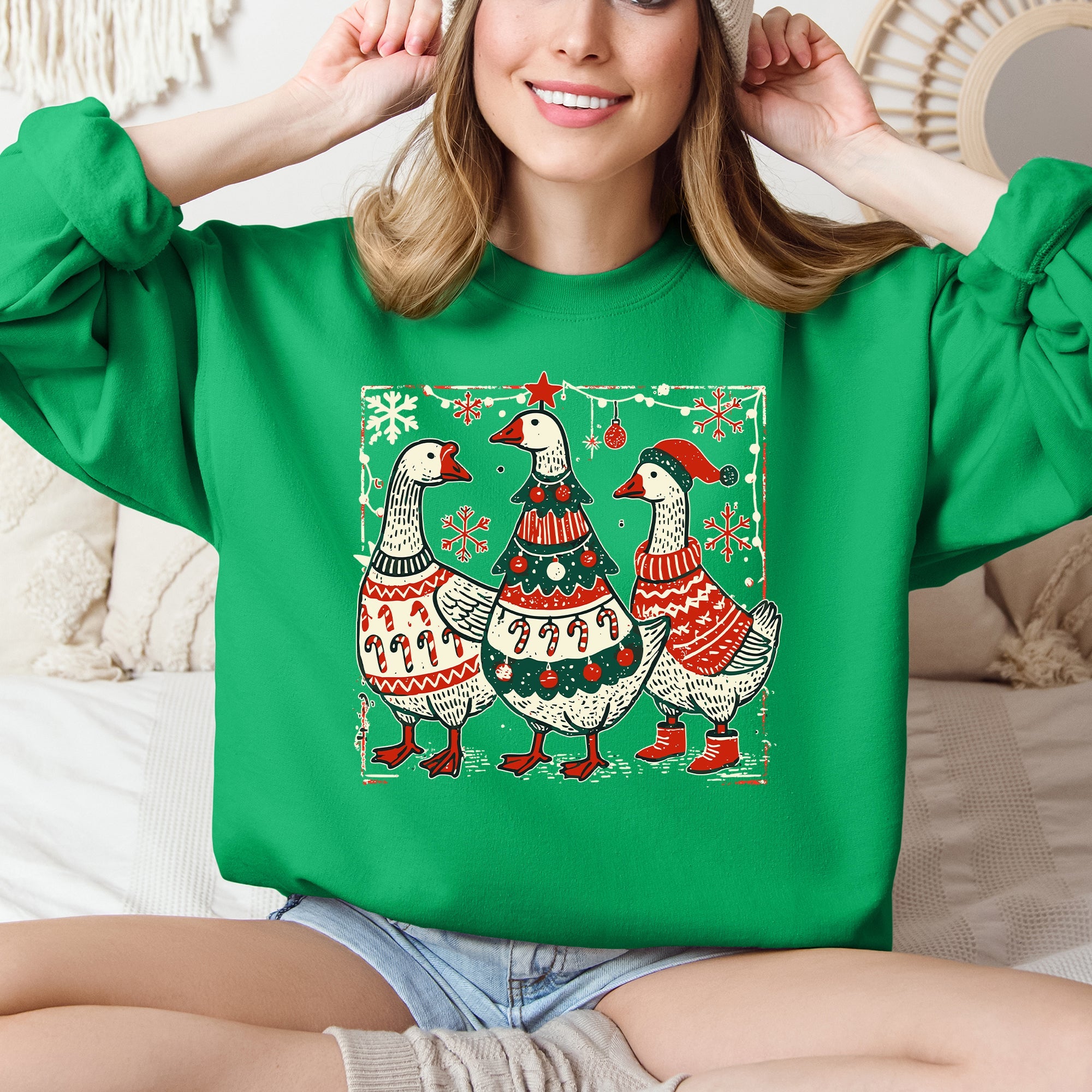 Christmas Geese Retro Festive Holiday Cheer Geese Pattern With Rustic Nordic Elements Sweatshirt