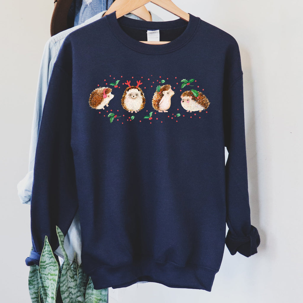 Christmas Hedgehog Cozy Winter Seasonal Scene With Festive Trees Snowflakes Sweatshirt