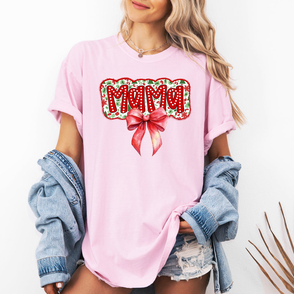 Christmas Mama Ribbon Bows Santa Classic Retro Tshirt Graphic Comfort Colors Tee