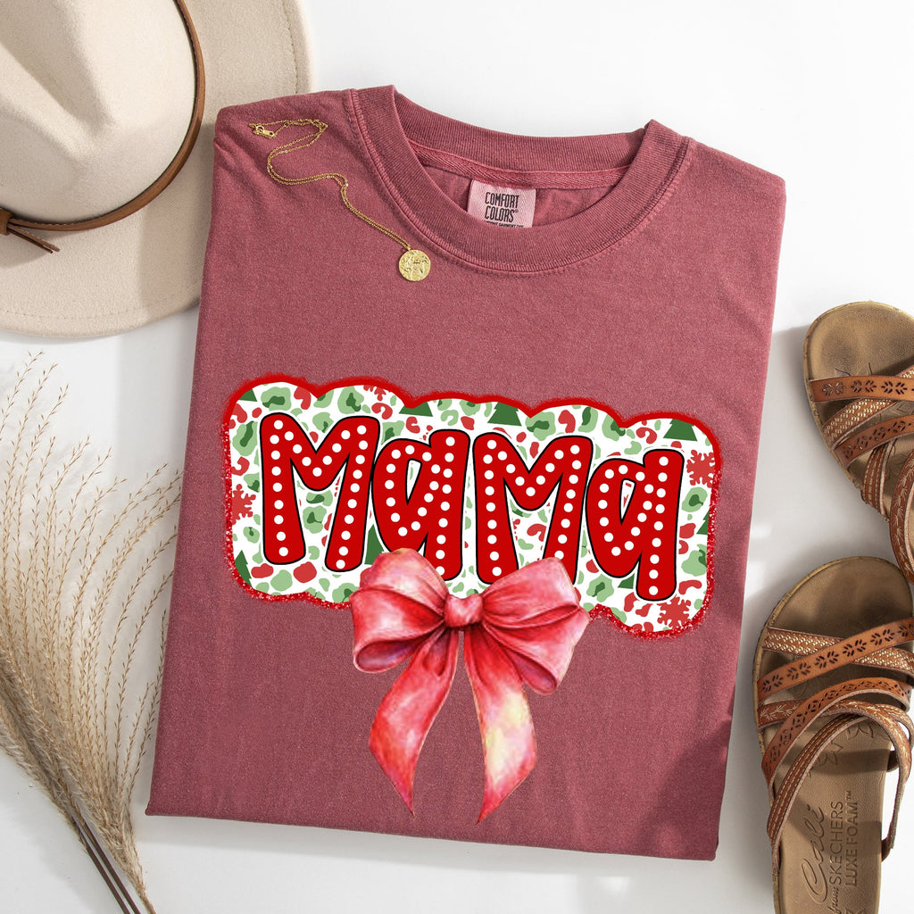 Christmas Mama Ribbon Bows Santa Classic Retro Tshirt Graphic Comfort Colors Tee