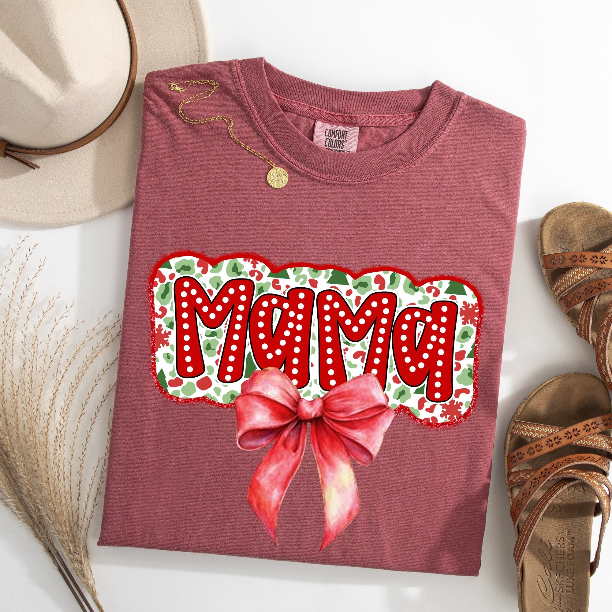 Christmas Mama Ribbon Bows Santa Classic Retro Tshirt Graphic Comfort Colors Tee